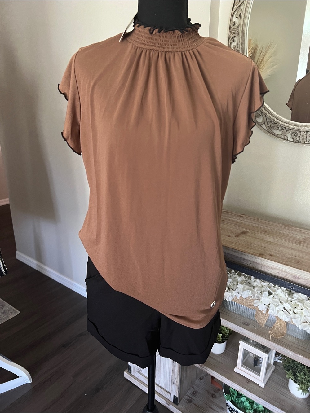 Adrienne Vittadini Rust Brown Smocked Neck Flutter Sleeve Top